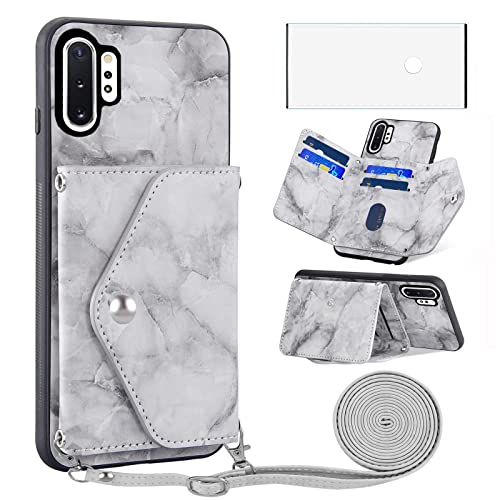 Asuwish Handyhülle für Samsung Galaxy Note 10 Plus Hülle mit Band und Glas Folie Schutzfolie Kartenfach Klappbar Kette Leder Geldbörse Ständer Note10+ 5G Note10 + 10+ 10Plus Handy Phone Case Grau von Asuwish