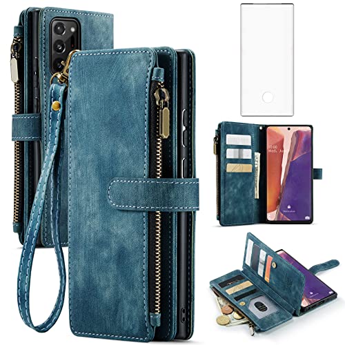 Asuwish Handyhülle für Samsung Galaxy Note 20 Ultra 5G Hülle mit Folie Schutzfolie Kartenfach Klappbar Leder Geldbörse Ständer Note20 Plus Handy Hüllen Schutzhülle Panzerfolie Wallet Phone Case Blau von Asuwish