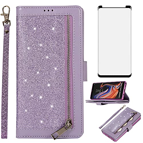 Asuwish Handyhülle für Samsung Galaxy Note 9 Hülle mit Folie Schutzfolie und Kartenfach Klappbar Leder Glitzer Geldbörse Ständer Note9 Reißverschluss Wallet Handy Hüllen Schutzhülle Phone Case Lila von Asuwish