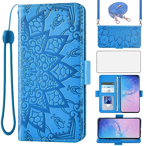 Asuwish Handyhülle für Samsung Galaxy S10 Hülle mit Band und Glas Schutzfolie Folie Kartenfach Klappbar Leder Geldbörse Ständer S 10 10S Edge Handyhüllen Hüllen Mandala Schutzhülle Phone Case Blau von Asuwish