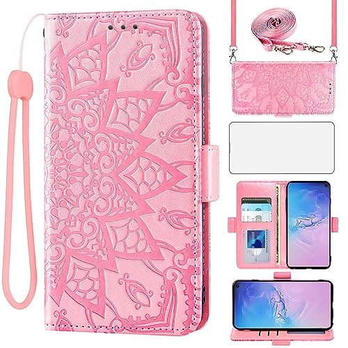 Asuwish Handyhülle für Samsung Galaxy S10 Hülle mit Band und Glas Schutzfolie Folie Kartenfach Klappbar Leder Geldbörse Ständer S 10 10S Edge Handyhüllen Hüllen Mandala Schutzhülle Phone Case Rosa von Asuwish