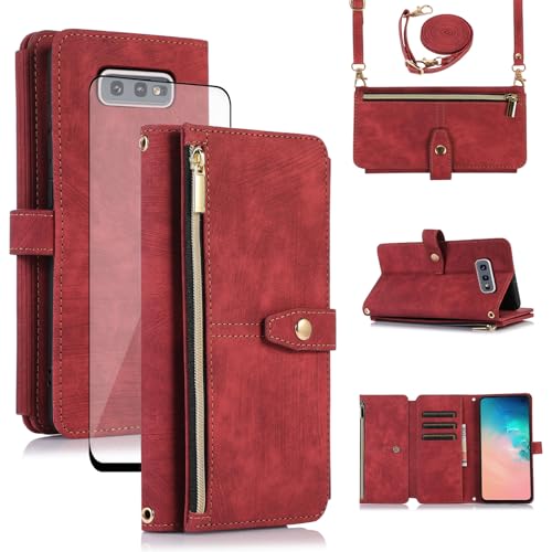 Asuwish Handyhülle für Samsung Galaxy S10e Hülle mit Band Folie Schutzfolie Kartenfach Klappbar Leder Geldbörse Ständer S 10e Handy Hüllen Schutzhülle Reißverschluss Handyhüllen Wallet Phone Case Rot von Asuwish
