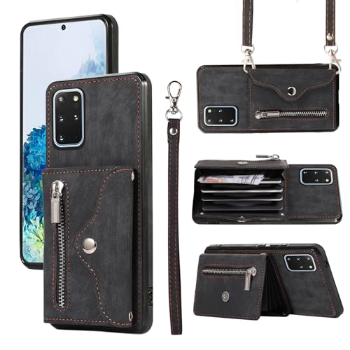 Asuwish Handyhülle für Samsung Galaxy S20 Plus 5G Hülle mit Band Kartenfach Klappbar Geldbörse Ständer Handyhüllen S20+ S 20 + S20Plus 20+ S20+5G Handy Hüllen Schutzhülle Damen Phone Case Schwarz von Asuwish
