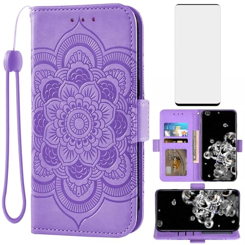 Asuwish Handyhülle für Samsung Galaxy S20 Ultra 5G Hülle mit Glas Folie Schutzfolie Kartenfach Klappbar Leder Geldbörse Ständer S20Ultra5G S 20 S20Ultra Handy Mandala Schutzhülle Cover Phone Case Lila von Asuwish