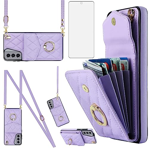 Asuwish Handyhülle für Samsung Galaxy S21 5G Hülle mit Band Folie Schutzfolie RFID Ring Ständer Kartenfach Klappbar Geldbörse S 21 21S G5 Handy Hüllen Schutzhülle Damen Reißverschluss Phone Case Lila Asuwish Handyhülle für Samsung Galaxy S21 5G Hülle mit Band Folie Schutzfolie RFID Ring Ständer Kartenfach Klappbar Geldbörse S 21 21S G5 Handy Hüllen Schutzhülle Damen Reißverschluss Phone Case Lila von Asuwish