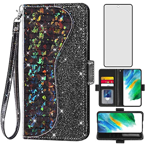 Asuwish Handyhülle für Samsung Galaxy S21 FE Gaxaly S 21 FE 5G Wallet Cover mit Displayschutzfolie und Handschlaufe Flip Kartenhalter Bling Glitzer Cell Glaxay S21FE5G UW S21FE 21S G5 Frauen Mädchen von Asuwish