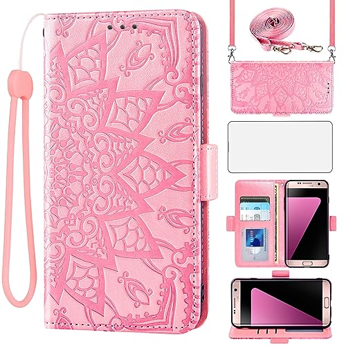 Asuwish Handyhülle für Samsung Galaxy S7 Hülle mit Band und Glas Schutzfolie Folie Kartenfach Klappbar Leder Geldbörse Ständer S 7 7S SM-G930F SM G930F Handy Hüllen Mandala Schutzhülle Phone Case Rosa von Asuwish