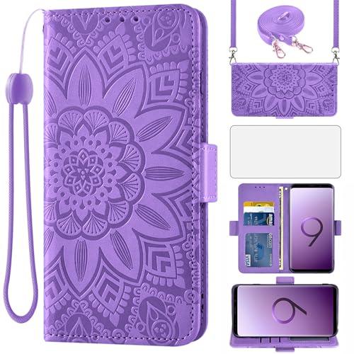 Asuwish Handyhülle für Samsung Galaxy S9 Hülle mit Band und Glas Folie Schutzfolie Kartenfach Klappbar Leder Geldbörse Ständer S 9 9S Edge SM-G960F Handy Hüllen Blumen Schutzhülle Phone Case Lila von Asuwish