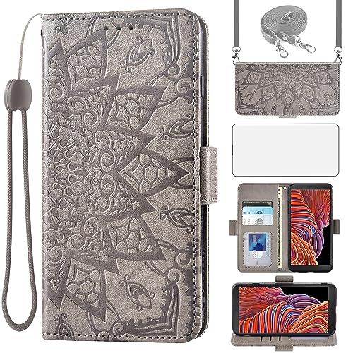 Asuwish Handyhülle für Samsung Galaxy Xcover 5 Hülle mit Band und Glas Schutzfolie Folie Kartenfach Klappbar Leder Geldbörse Ständer Xcover5 EE X 5EE Handy Hüllen Mandala Schutzhülle Phone Case Grau von Asuwish