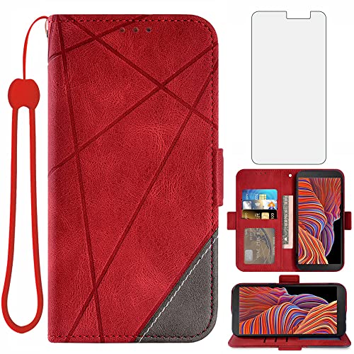 Asuwish Handyhülle für Samsung Galaxy Xcover 5 Hülle mit Glas Folie Schutzfolie Kartenfach Klappbar Leder Geldbörse Ständer Xcover5 EE X 5EE Handy Hüllen Schutzhülle Handyhüllen Cover Phone Case Rot von Asuwish