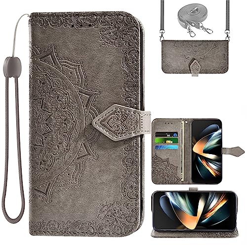 Asuwish Handyhülle für Samsung Galaxy Z Fold 4 5G Hülle mit Band und Kartenfach Klappbar Leder Geldbörse Ständer ZFold4 Z4 Fold4 Handy Hüllen Mandala Schutzhülle Handyhüllen Cover Phone Case Grau von Asuwish