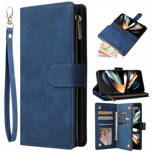 Asuwish Handyhülle für Samsung Galaxy Z Fold 4 5G Hülle mit Kartenfach Klappbar Leder Geldbörse Ständer für ZFold4 Z4 Fold4 Handy Hüllen Phone Reißverschluss Handyhüllen Wallet Cover Case Blau von Asuwish