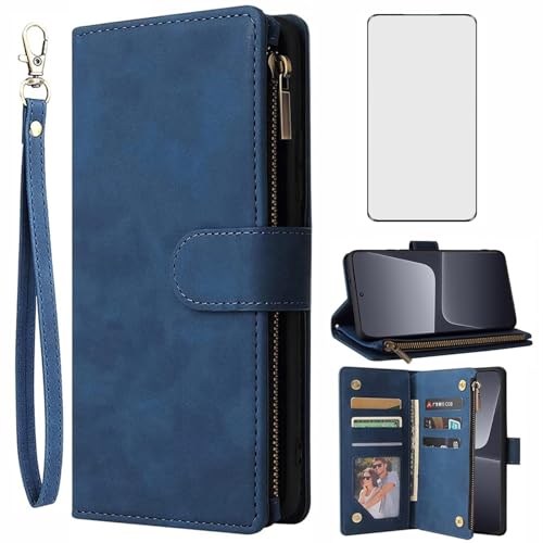 Asuwish Handyhülle für Xiaomi 13 Pro Hülle mit Folie Schutzfolie und Kartenfach Klappbar Leder Geldbörse Ständer Mi 13Pro 5G Reißverschluss Handyhüllen Wallet Handy Hüllen Schutzhülle Phone Case Blau von Asuwish