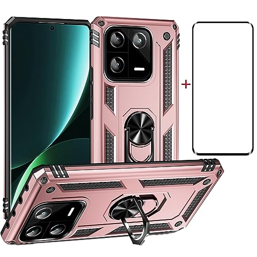 Asuwish Handyhülle für Xiaomi 13 Pro Hülle mit Glas Folie Schutzfolie und Magnetisch Ring Ständer Handyhüllen Schutzglas Panzerfolie Cover Mi 13Pro 5G Slim Handy Hüllen Schutzhülle Phone Case Roségold von Asuwish