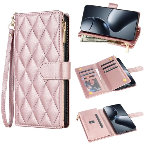 Asuwish Handyhülle für Xiaomi 14T Pro Hülle mit Band Kartenfach Klappbar Leder Geldbörse Ständer Mi 14TPro 14 T T14 5G Reißverschluss Handyhüllen Wallet Handy Hüllen Schutzhülle Phone Case Rosegold von Asuwish