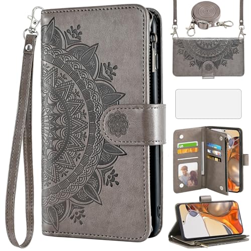 Asuwish Handyhülle für Xiaomi Mi 10T/Mi10T Pro 5G Hülle mit Band und Folie Schutzfolie Kartenfach Klappbar Leder Blumen Geldbörse Ständer Mi10TPro M10T T10 M2007J3SG Hüllen Schutzhülle Phone Case Grau von Asuwish