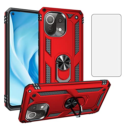 Asuwish Handyhülle für Xiaomi Mi 11 Lite 4G/5G NE Hülle mit Glas Folie Schutzfolie und Magnetisch Ring Ständer Panzerfolie Cover Mi11Lite M11 11Lite Slim Handy Hüllen Schutzhülle Phone Case Rot von Asuwish