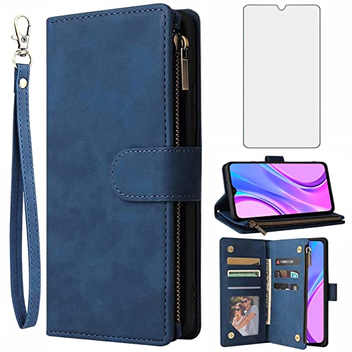 Asuwish Handyhülle für Xiaomi Redmi 9 Hülle mit Folie Schutzfolie und Kartenfach Klappbar Leder Geldbörse Ständer Reißverschluss Cover Redmi9 Prime/Poco M2 Handy Hüllen Schutzhülle Phone Case Blau von Asuwish