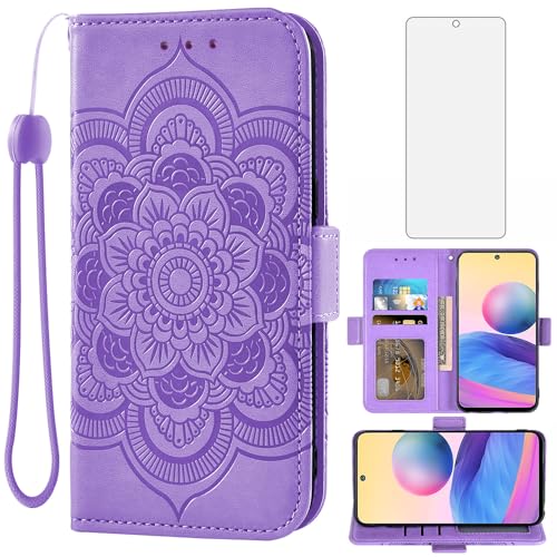 Asuwish Handyhülle für Xiaomi Redmi Note 10 5G/Poco M3 Pro Hülle mit Glas Folie Schutzfolie Kartenfach Klappbar Leder Geldbörse Ständer Note10 10T G5 M2103K19G Handy Mandala Schutzglas Phone Case Lila von Asuwish