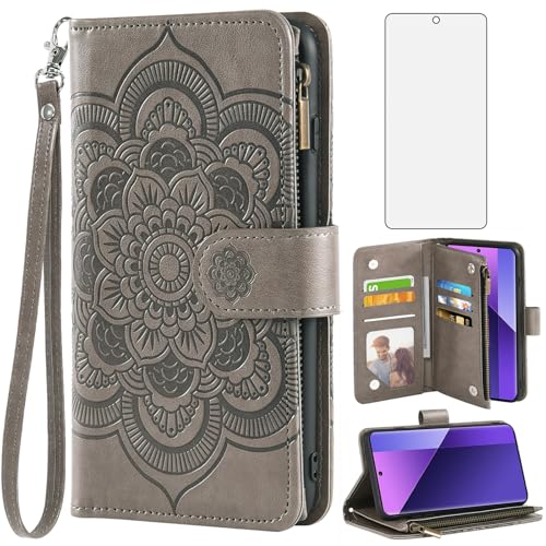 Asuwish Handyhülle für Xiaomi Redmi Note 13 Pro Plus 5G Hülle mit Folie Schutzfolie Kartenfach Klappbar Leder Blumen Geldbörse Ständer RedmiNote 13ProPlus Pro+ Handy Hüllen Schutzhülle Phone Case Grau von Asuwish