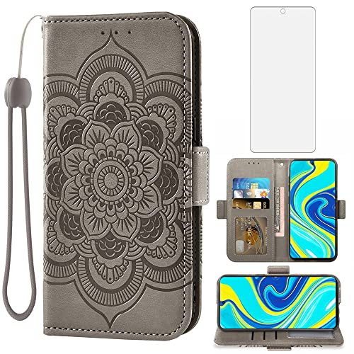 Asuwish Handyhülle für Xiaomi Redmi Note 9 Pro/Note 9s/Note9 Pro Max/Poco M2 Pro Hülle mit Glas Folie Schutzfolie Kartenfach Klappbar Leder Geldbörse Ständer Note9S Note9Pro 4G Handy Phone Case Grau von Asuwish