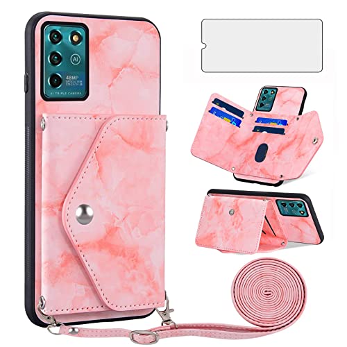 Asuwish Handyhülle für ZTE Blade V30 Vita 8030 Hülle mit Band und Glas Folie Schutzfolie Kartenfach Klappbar Kette Leder Geldbörse Ständer V 30 V30vita Handy Hüllen Schutzhülle Cover Phone Case Rosa von Asuwish