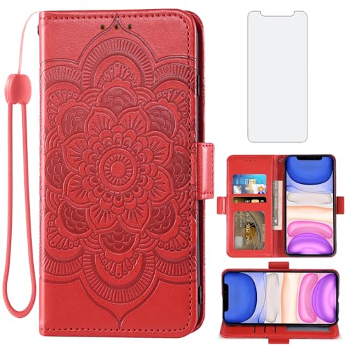 Asuwish Handyhülle für iPhone 11 Hülle mit Glas Folie Schutzfolie Kartenfach Klappbar Leder Geldbörse Ständer i Phone11Hülle 11Hülle Handy Hüllen Mandala Schutzhülle Panzerfolie Cover Phone Case Rot Asuwish Handyhülle für iPhone 11 Hülle mit Glas Folie Schutzfolie Kartenfach Klappbar Leder Geldbörse Ständer i Phone11Hülle 11Hülle Handy Hüllen Mandala Schutzhülle Panzerfolie Cover Phone Case Rot von Asuwish