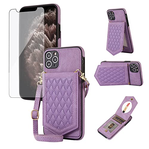 Asuwish Handyhülle für iPhone 11 Pro Hülle mit Band und Glas Folie Schutzfolie Spiegel Kartenfach Klappbar Leder Geldbörse Ständer i-Phone 11ProHülle i 11Pro Plus Hüllen Schutzhülle Phone Case Lila von Asuwish