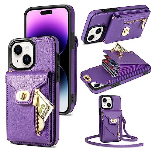 Asuwish Handyhülle für iPhone 13/14 Hülle mit Band und Kartenfach Klappbar Leder Geldbörse Ständer i Phone13Hülle 13Hülle Phoenix i-Phone 14hülle Handy Hüllen Schutzhülle Damen Cover Phone Case Lila von Asuwish