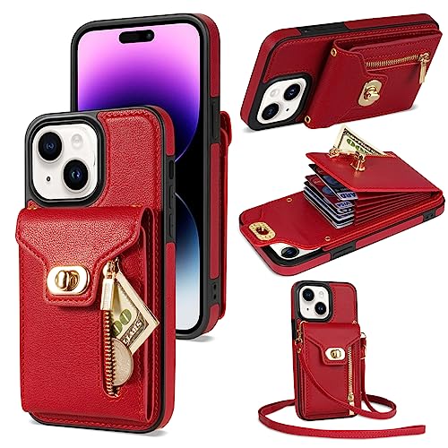 Asuwish Handyhülle für iPhone 14 Plus Hülle mit Band und Kartenfach Klappbar Leder Geldbörse Ständer i-Phone 14+ i 14Plus iPhone14Plus + Handy Hüllen Schutzhülle Damen Handyhüllen Cover Phone Case Rot von Asuwish