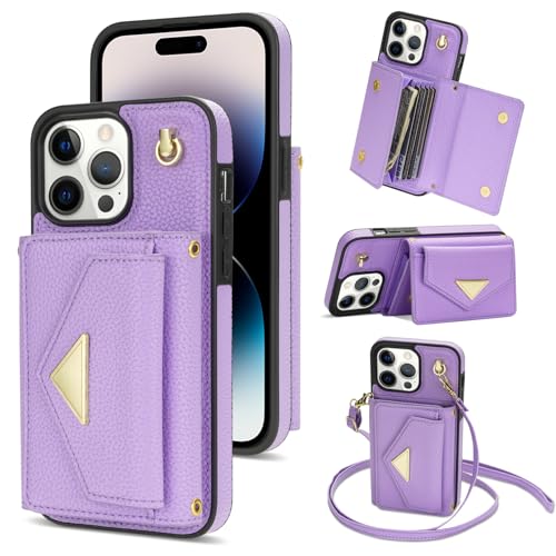 Asuwish Handyhülle für iPhone 14 Pro 6,1 Zoll (15,5 cm) Wallet Cell Cover mit Kartenhalter Slot Ständer Schulter Crossbody Strap Lange Lanyard Leder iPhone14Pro 5G i i-Phone i14 iPhone14 14Pro Frauen von Asuwish