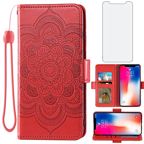Asuwish Handyhülle für iPhone XS/X Hülle mit Glas Folie Schutzfolie Kartenfach Klappbar Leder Geldbörse Ständer iPhone10Hülle i 10 10s 10x 10xs Handy Hüllen Mandala Schutzhülle Cover Phone Case Rot Asuwish Handyhülle für iPhone XS/X Hülle mit Glas Folie Schutzfolie Kartenfach Klappbar Leder Geldbörse Ständer iPhone10Hülle i 10 10s 10x 10xs Handy Hüllen Mandala Schutzhülle Cover Phone Case Rot von Asuwish