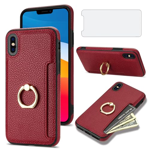 Asuwish Handyhülle für iPhone XS Hülle mit Folie Panzerfolie Schutzfolie und Ring Ständer Kartenfach Leder Geldbörse Ständer iPhoneXSHülle i 10 10s 10xs Handy Hüllen Schutzhülle Cover Phone Case Rot von Asuwish