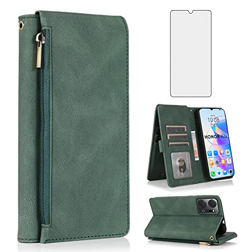 Asuwish Kompatibel mit Honor X7a 5G (6,7 Zoll) Wallet Case Tempered Glass Screen Protector and Zipper Retro Leder Flip Cover Card Holder Stand Cell Zubehör für HonorX7a RKY-LX2 Damen Herren Grün von Asuwish