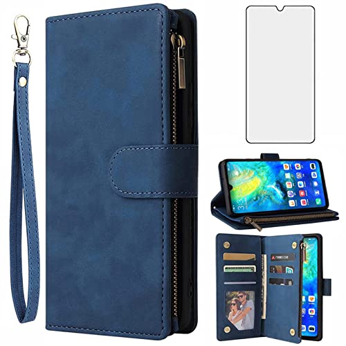 Asuwish Kompatibel mit Huawei Mate 20 X 5G Wallet Case gehärtetes Glas Displayschutzfolie und Leder Flip Cover Kartenhalter Handyhüllen für Hawaii Mate20X 4G Mate20 20X G5 7,2 Zoll Damen Herren Blau von Asuwish