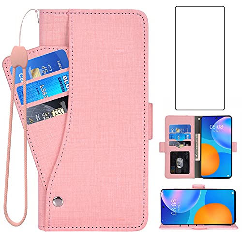 Asuwish Kompatibel mit Huawei P Smart 2021 Wallet Case und Panzerglas Schutzfolie Leder Flip Cover Kartenhalter Ständer Handy Hüllen für Hawaii PSmart PSmart2021 Frauen Rosa von Asuwish