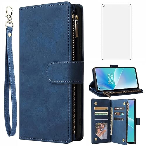 Asuwish Kompatibel mit OnePlus Nord 2T 5G Wallet Case und gehärtetem Glas Displayschutzfolie Leder Flip Cover Kartenhalter Handyhüllen für One Plus On 1 Plus 1plus One+ 1+ Nord2T T2 Frauen Blau von Asuwish