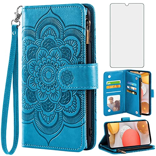 Asuwish Kompatibel mit Samsung Galaxy A42 5G Wallet Case und gehärtetem Glas Displayschutzfolie Leder Flip Kartenhalter Ständer Handyhülle für Glaxay A 42 G5 Gaxaly 42A S42 4G 2021 Damen Herren Blau von Asuwish