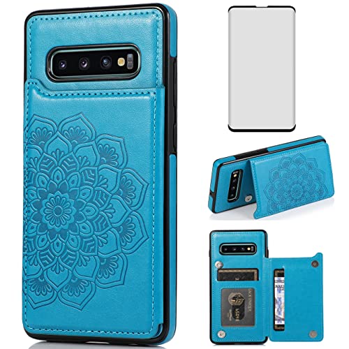 Asuwish Kompatibel mit Samsung Galaxy S10e Hülle und Displayschutz aus gehärtetem Glas, Kartenhalter, Klappständer, Klappetui, Brieftaschen-Schutzhülle für Glaxay S 10e Gaxaly 10se Galaxies Se10, Blau von Asuwish