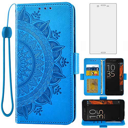 Asuwish Kompatibel mit Sony Xperia XZ/XZs 5.2 Zoll (13.2 cm), Brieftaschenhülle und Displayschutz aus gehärtetem Glas, Kreditkartenfach, Handy-Cover für Experia F8331 F8332 G8231 G8232, Blau von Asuwish