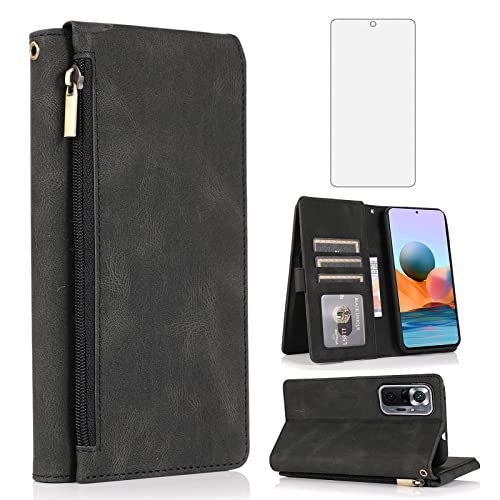 Asuwish Kompatibel mit Xiaomi Redmi Note 10 Pro Wallet Case Gehärtetes Glas Displayschutzfolie Reißverschluss Leder Flip Cover Kartenhalter Ständer Cell Zubehör für Redme Note10 10Pro Max Frauen von Asuwish