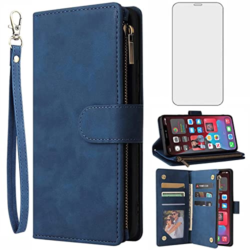 Asuwish Kompatibel mit iPhone 11 6.1 Wallet Case Panzerglas Displayschutzfolie und Leder Flip Cover Kartenhalter Stand Handyhüllen für iPhone11 i Phone11 XI 11R Damen Herren Blau von Asuwish