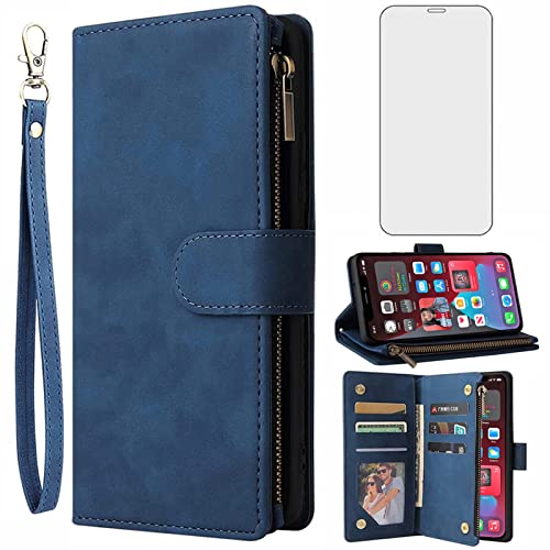 Asuwish Kompatibel mit iPhone 11 Pro 5.8 Wallet Case gehärtetes Glas Displayschutzfolie und Flip Cover Kartenhalter Ständer Handy Hüllen für iPhone 11pro iPhone 11 11pro i XI Damen Herren Blau von Asuwish