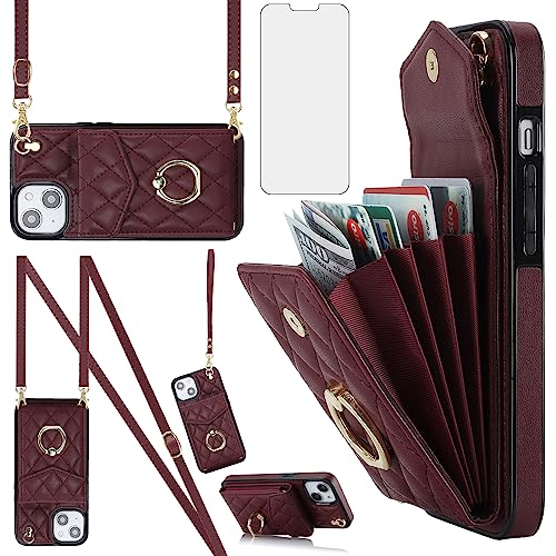 Asuwish Schutzhülle für iPhone 15, Texturiert, Weinrot, Schottenmuster, Abnehmbare Schlaufen, Geldbörse, Ringhalter, RFID-Blockierung, Holster von Asuwish