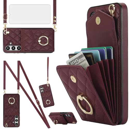 Asuwish Schutzhülle für Samsung Galaxy A55 5G, Brieftaschen-Schutzhülle aus gehärtetem Glas, Displayschutzfolie und Handgelenkschlaufe, Ring, RFID-blockierend, Kartenhalter, Leder, Handyhülle, A 55, von Asuwish