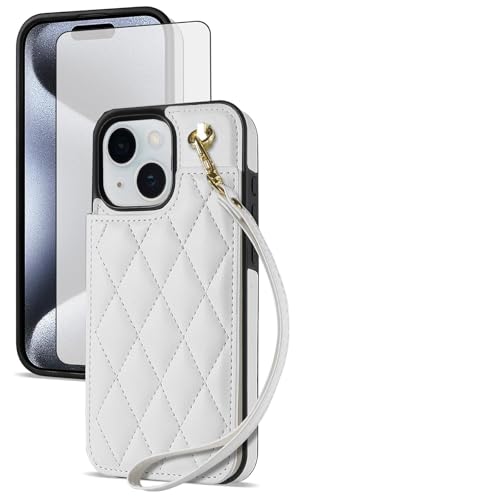 Asuwish Schutzhülle für iPhone 15, 15,5 cm (6,1 Zoll), Brieftaschen-Schutzhülle mit Displayschutzfolie aus gehärtetem Glas, Handschlaufe, Kreditkartenhalter, Ständer, Schlitz, robustes Handy-Zubehör von Asuwish