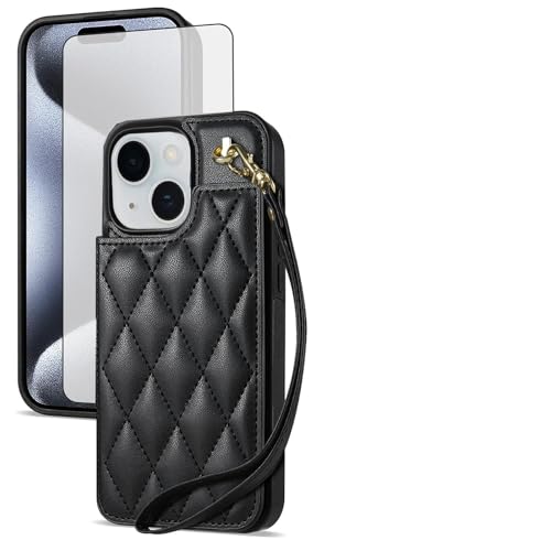 Asuwish Schutzhülle für iPhone 15 Plus, 17 cm (6,7 Zoll), Brieftaschen-Schutzhülle mit gehärtetem Glas, Displayschutzfolie und Handschlaufe, Kreditkartenhalter, Ständer, Handy-Zubehör, iPhone 15, 15+ von Asuwish