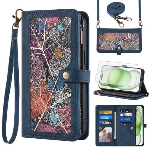 Asuwish Schutzhülle für iPhone 15 Plus, 17 cm (6,7 Zoll), Brieftaschenformat, mit Displayschutzfolie und Handgelenkschlaufe, Leder, Klappmuster, Reißverschluss, Kreditkartenfach, Ständer, für Handy von Asuwish