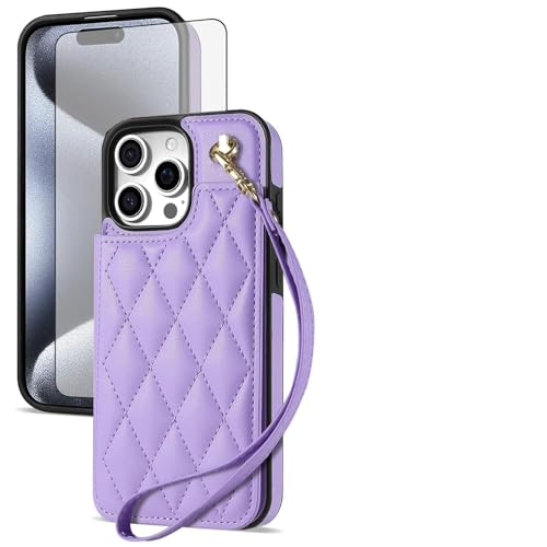 Asuwish Schutzhülle für iPhone 15 Pro Max, 6,7 Zoll, Brieftaschen-Schutzhülle mit gehärtetem Glas, Displayschutzfolie und Handschlaufe, Kartenhalter, Ständer, Handyzubehör, iPhone 15, 15Pro, i15 von Asuwish