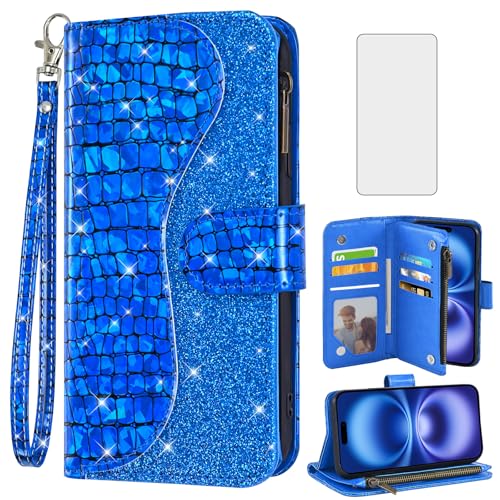 Asuwish Schutzhülle für iPhone 16, 15,5 cm (6,1 Zoll), Brieftaschen-Schutzhülle mit Displayschutzfolie und Handschlaufe, Glitzer, Leder, Klapp-Reißverschluss, Kreditkartenhalter, Ständer, Handy von Asuwish